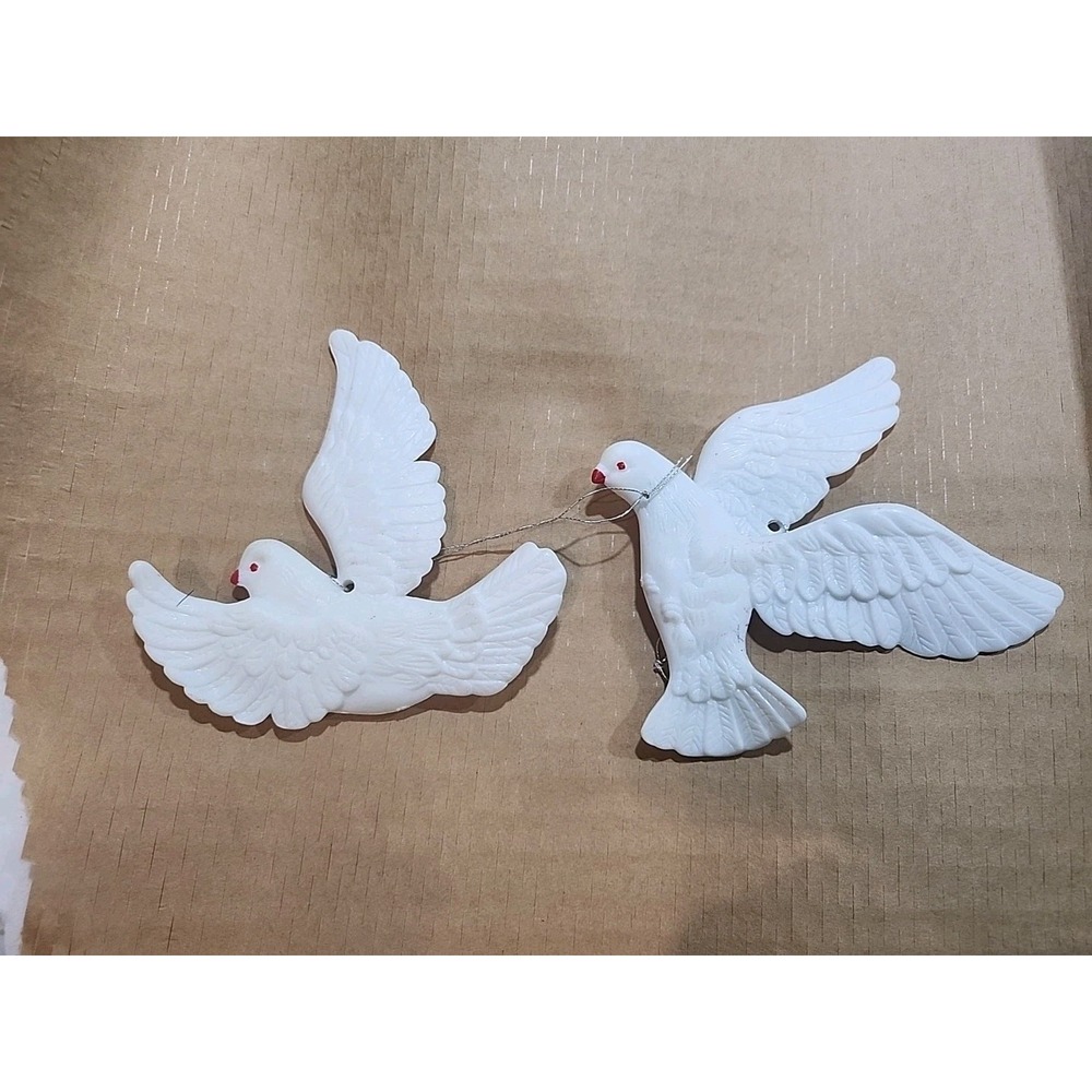 Vintage~Ornament~ Plastic~(2) White Doves with Red Eyes~ 4" x 4"
